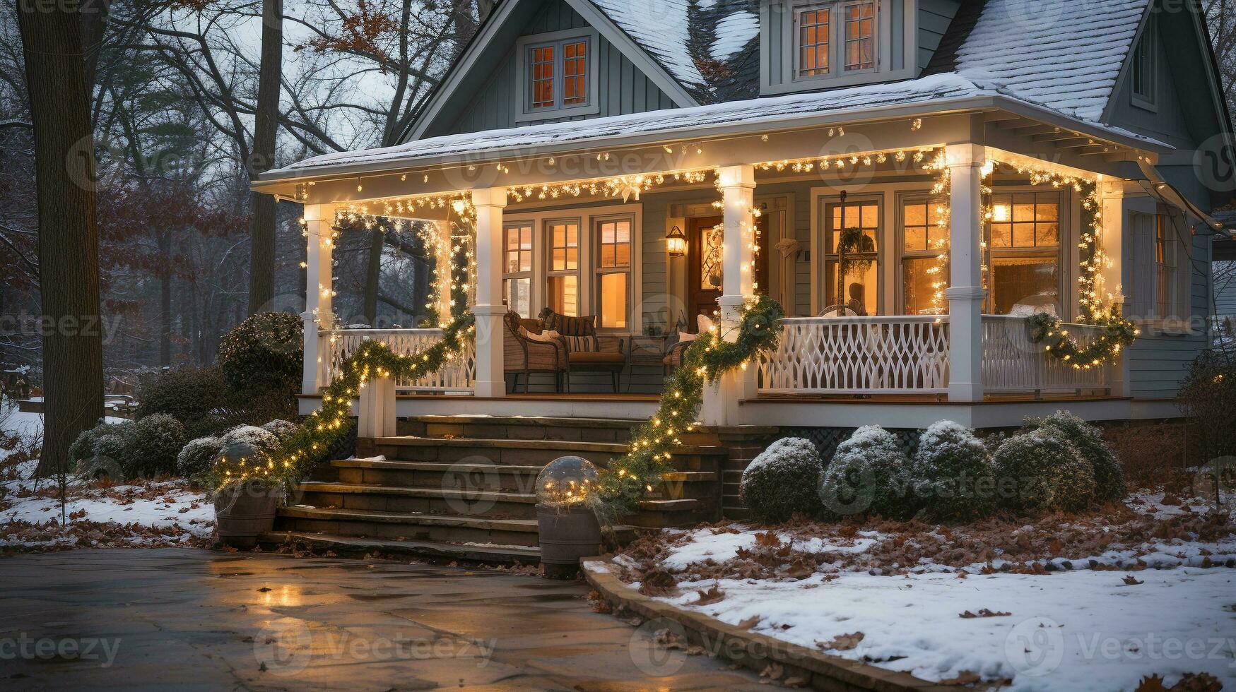 Beautiful Christmas decorated front door and porch of a house on a winter evening. Generative AI. photo