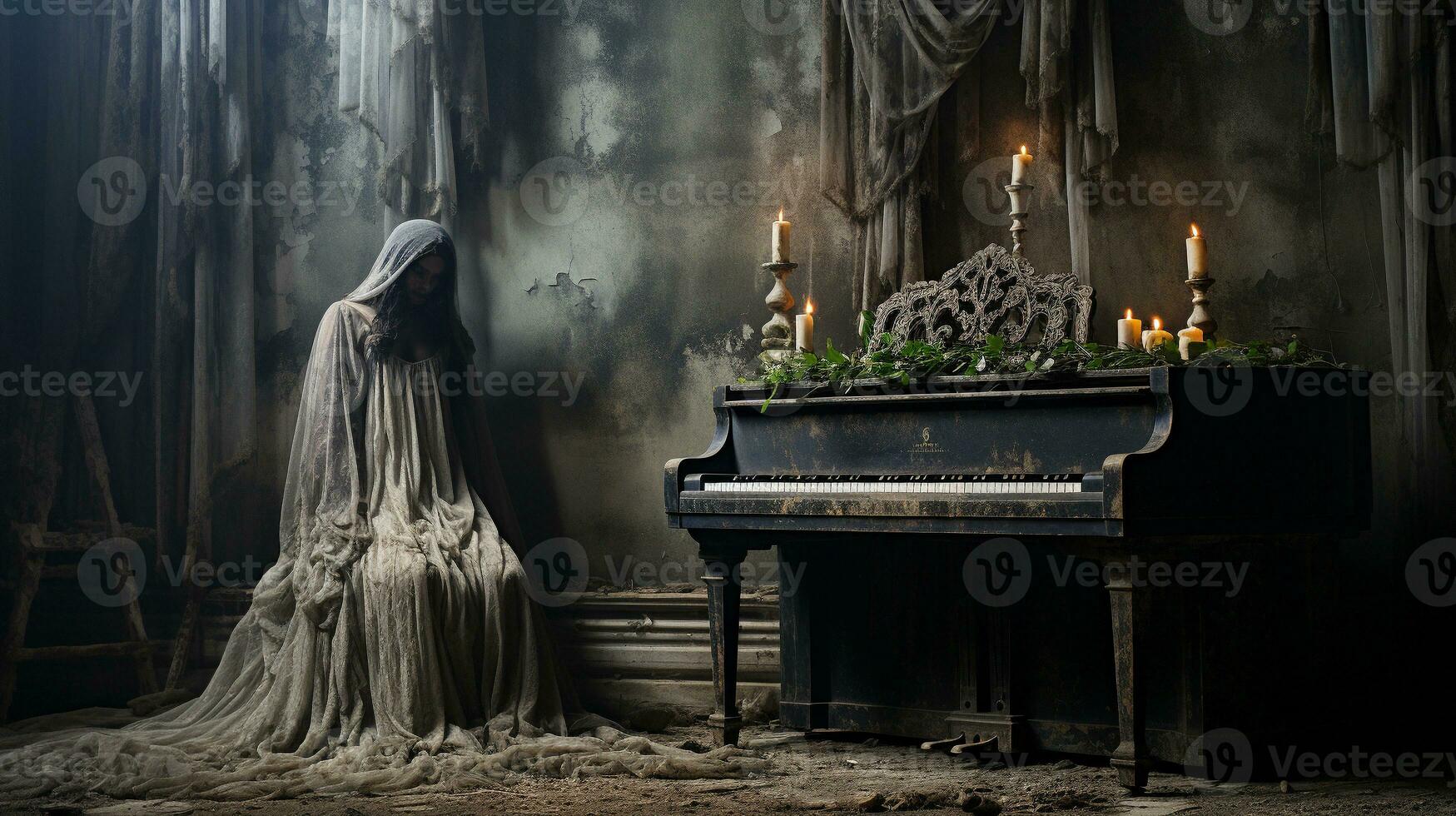 Mysterious and spooky female figure covered in sheer garment standing next to an old dusty piano in an abandoned house - generative AI. photo