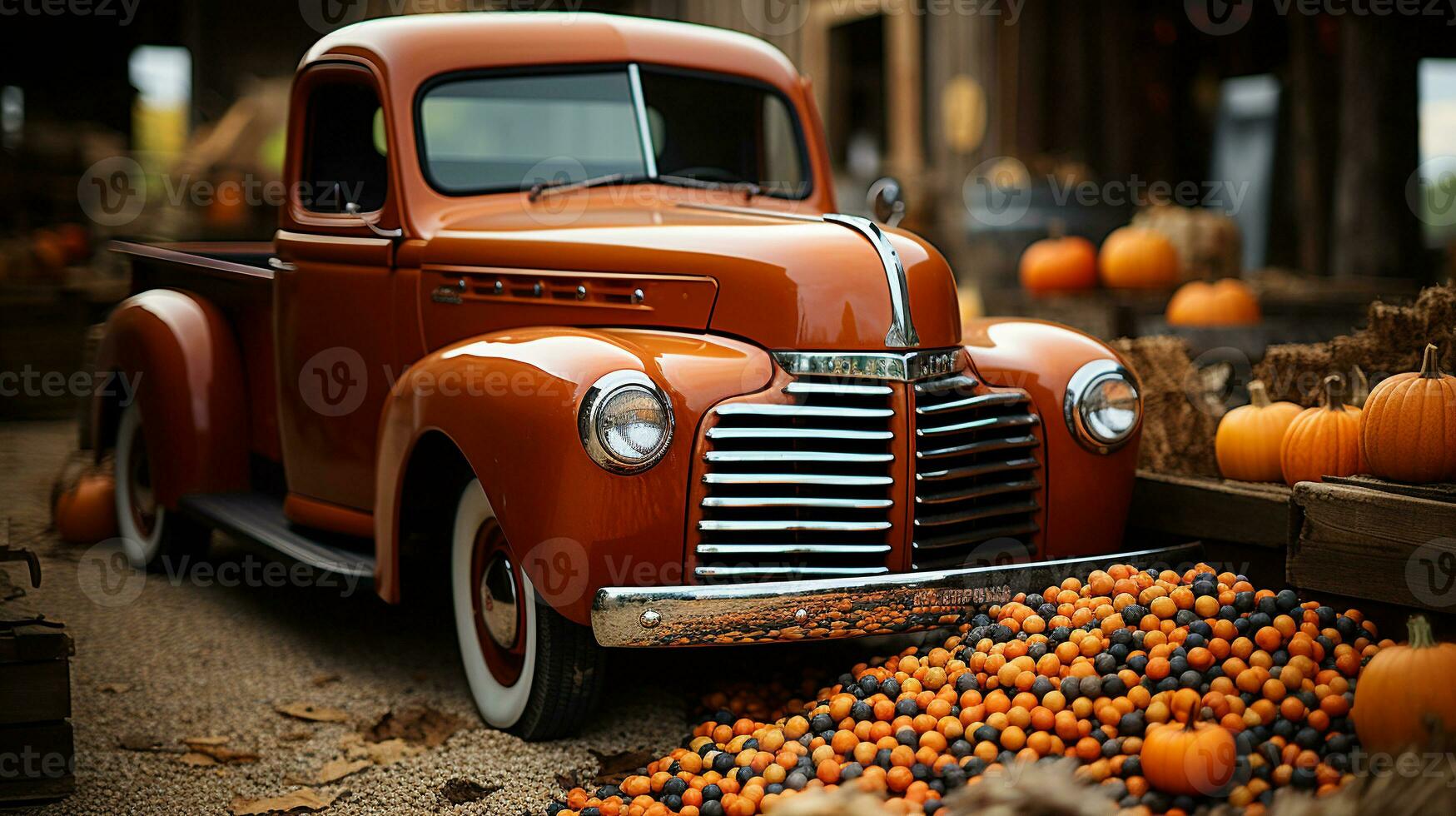 Pumpkins surround a vintage truck in a fall barn country setting - generative AI. photo