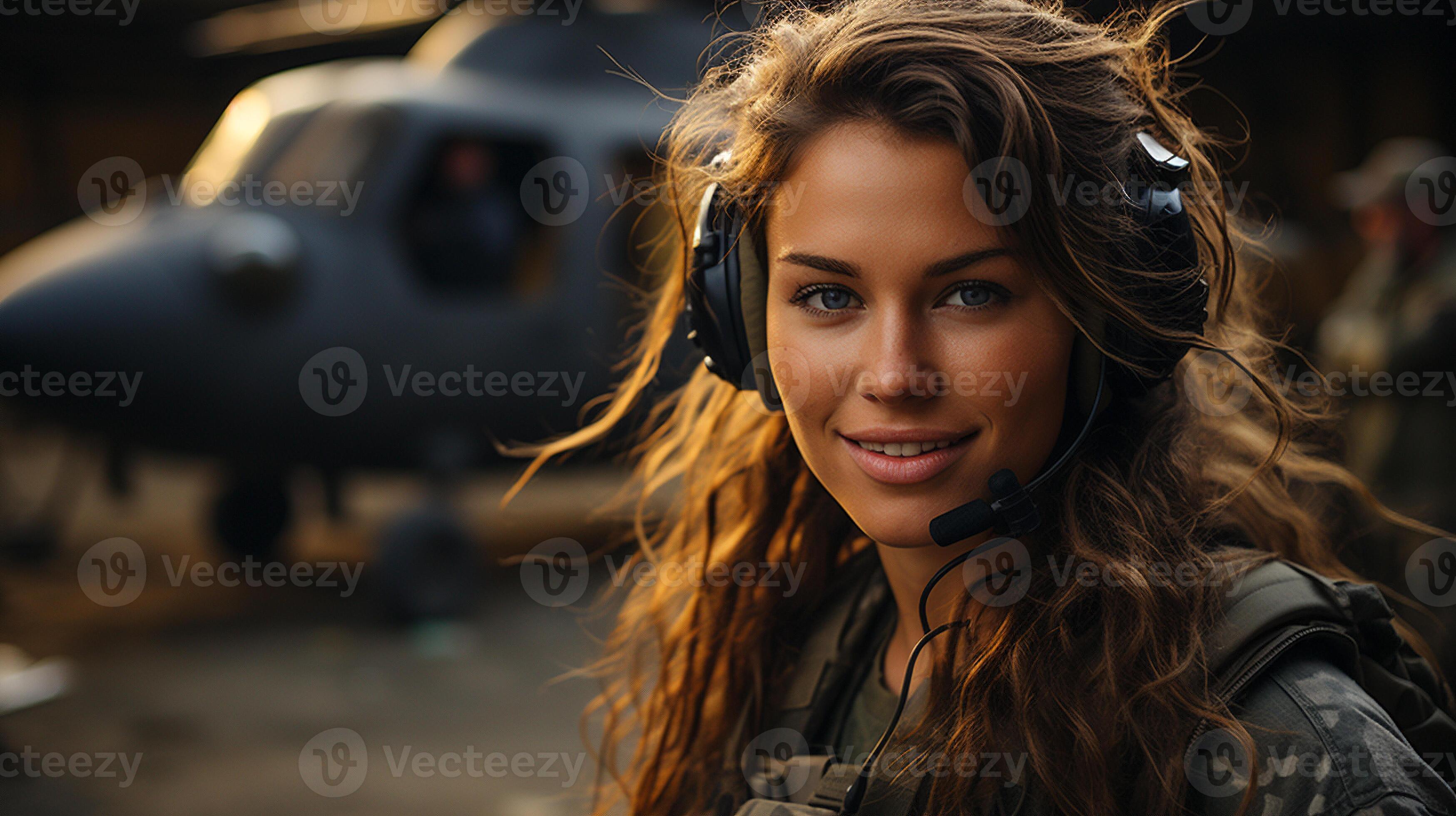 Female military helicopter pilot standing near her aircraft