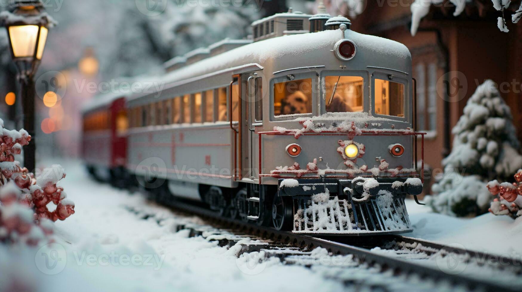 Model Miniature Troller Train Set and Snowy Christmas Decorated Town Setting. Generative AI. photo