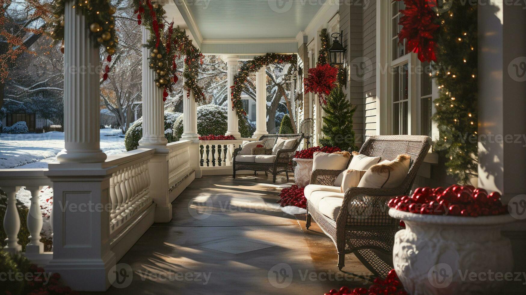 Beautiful Christmas decorated front door and porch of a house on a winter evening. Generative AI. photo