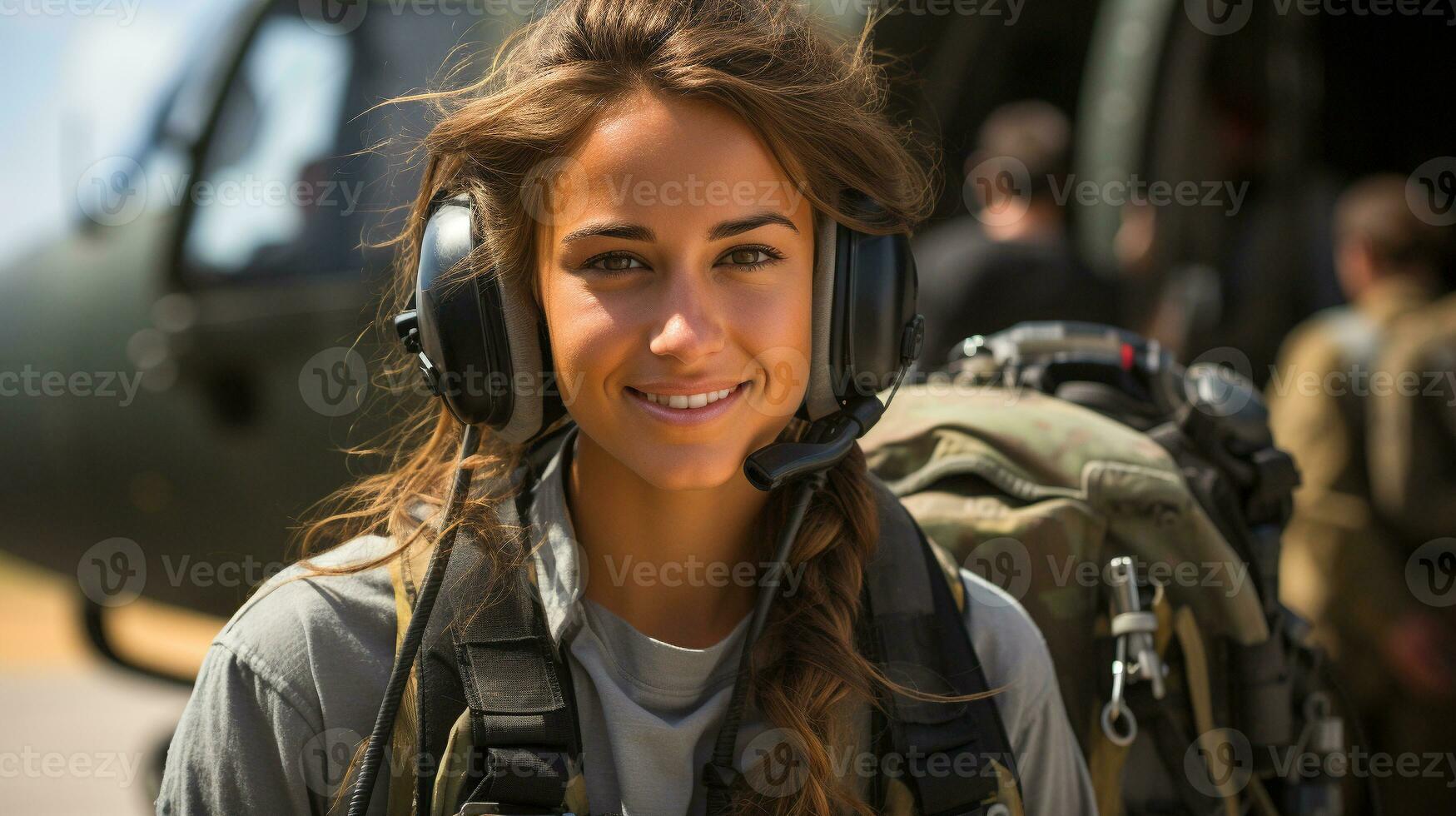 Female military helicopter pilot standing near her aircraft - generative AI. photo