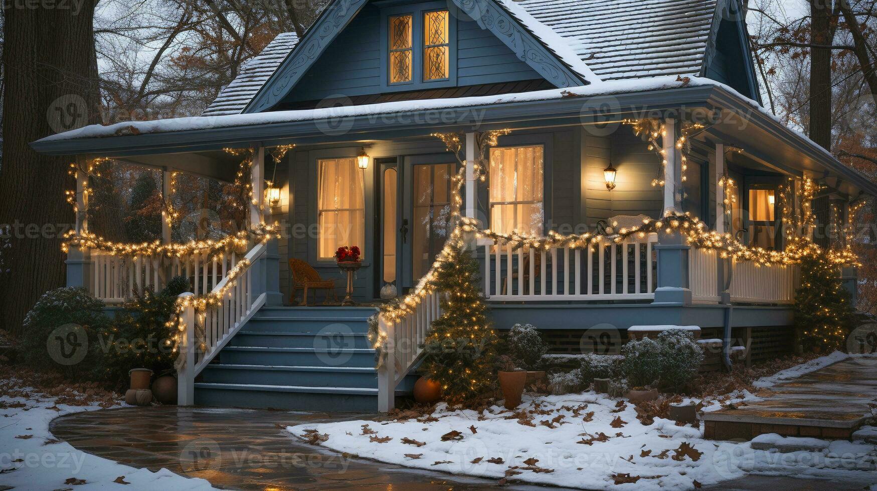 hermosa Navidad decorado frente puerta y porche de un casa en un invierno noche. generativo ai. foto