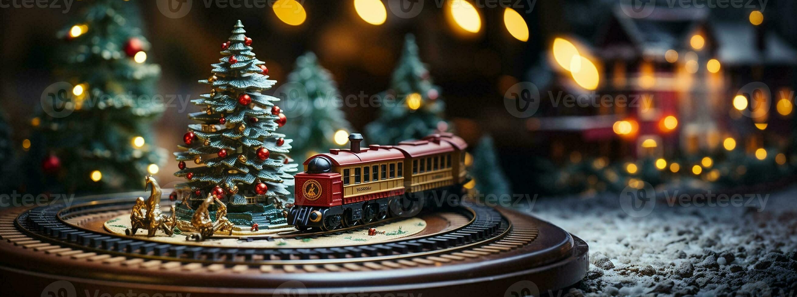 Model Miniature Troller Train Set and Snowy Christmas Decorated Town Setting. Generative AI. photo