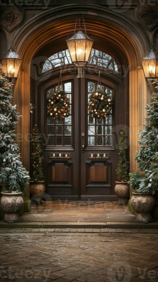 Beautiful Christmas decorated front door and porch of a house on a winter evening. Generative AI. photo