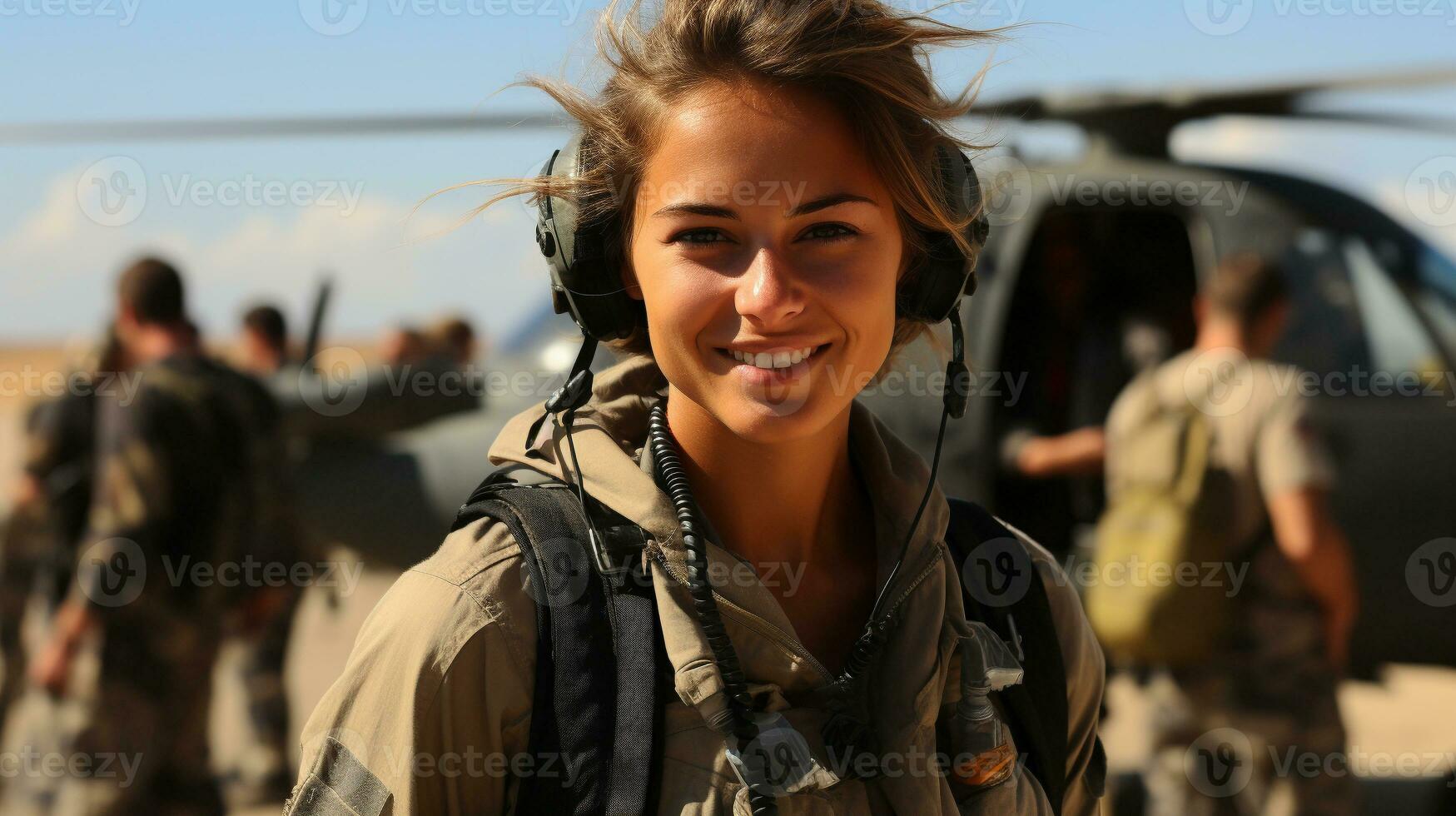 Female military helicopter pilot standing near her aircraft - generative AI. photo