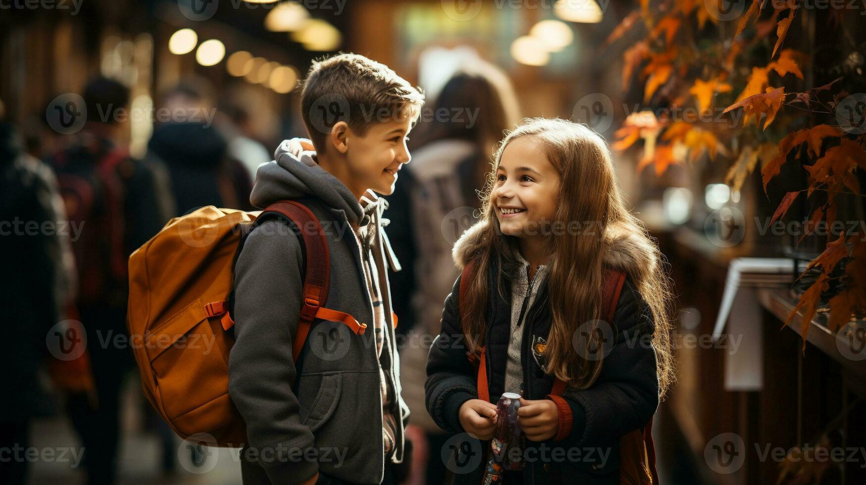 Two young student boy and girl friends wearing backpacks at school - Generative AI. photo