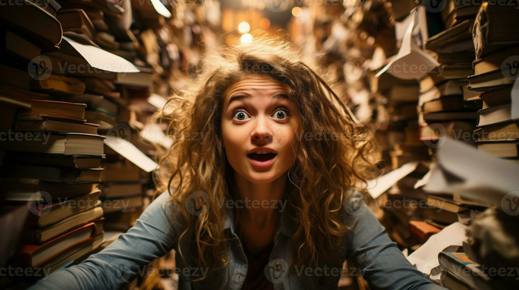 Young girl student sitting stunned and overwhelmed amidst a never ending pile of books and papers surrounding him - Generative AI. photo