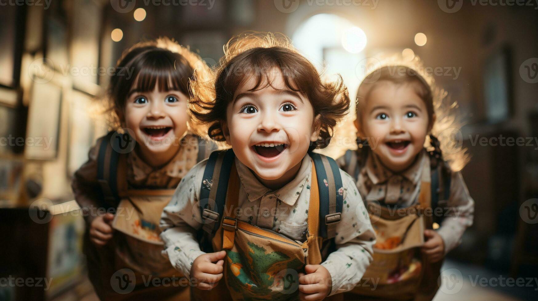 Excited young children laughing and running down the hallway of thier school - Generative AI. photo