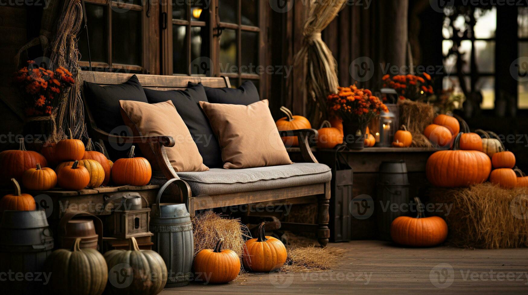 Fall and autumn beautifully decorated house porches with pumpkins, gourds and seating - generative AI. photo