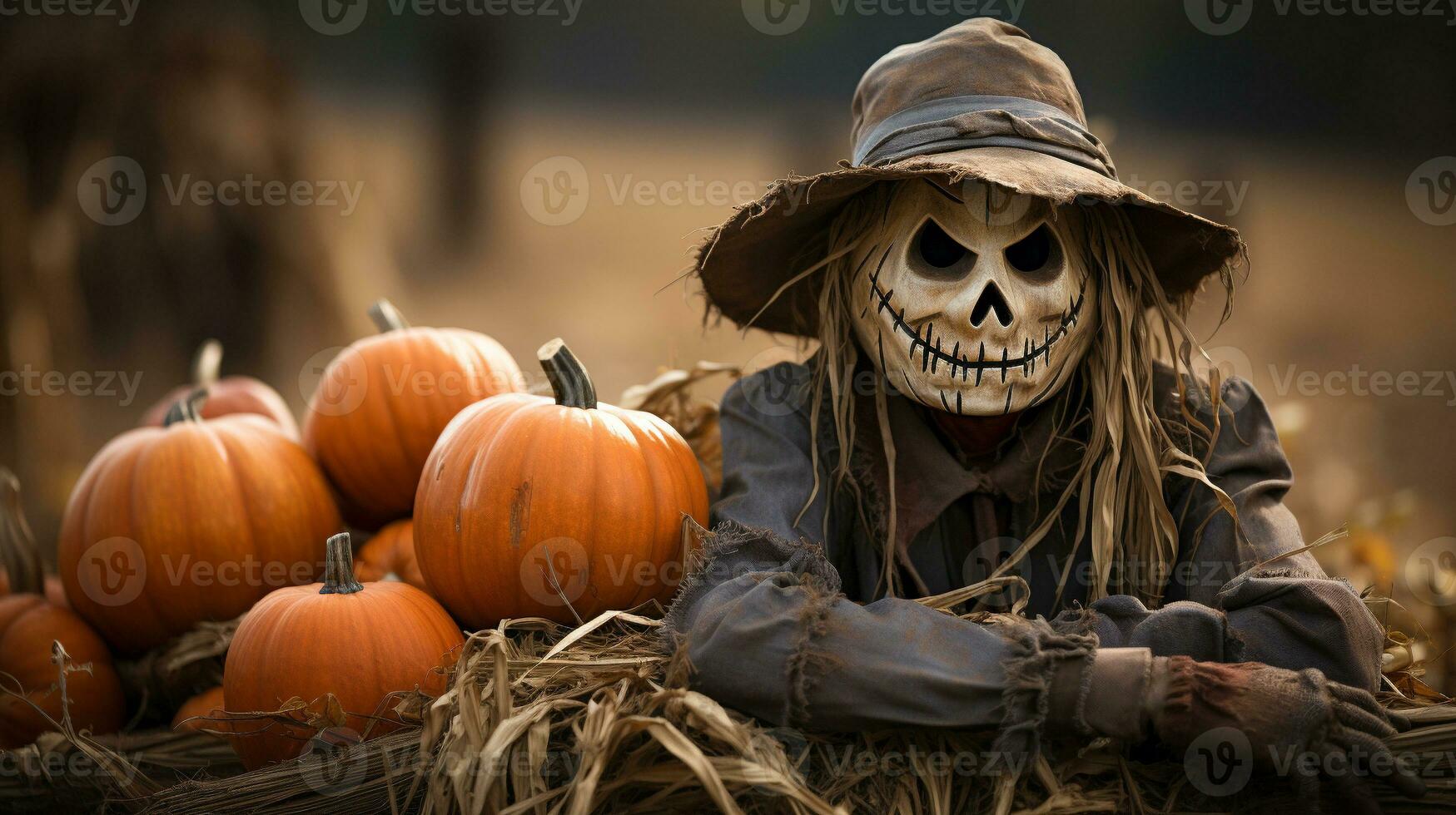 Scary ghostly Halloween scarecrow figure sitting amongst the country pumpkin patch - generative AI. photo