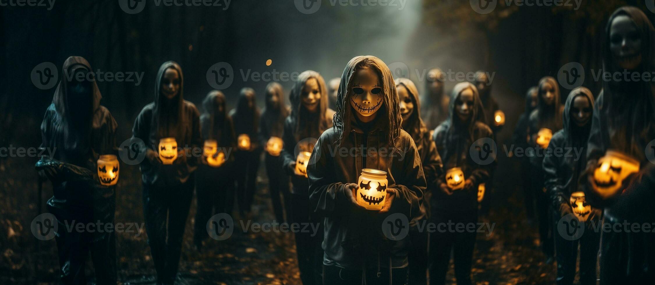 Gathering of young scary children wearing masks, hoods and carrying spooky candle vases on a foggy night - generative AI. photo