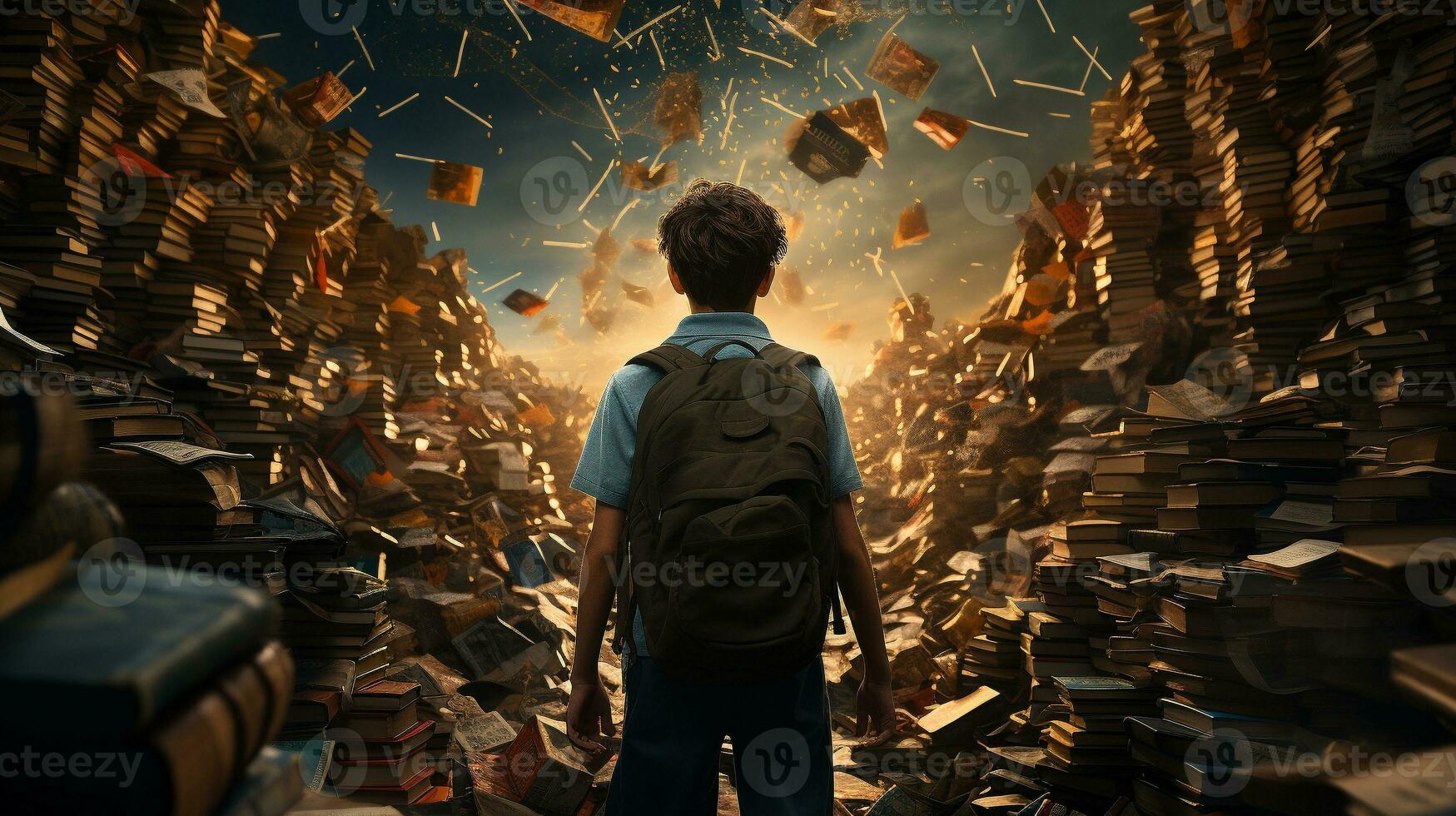 Young boy student standing stunned and overwhelmed amidst a never ending pile of books and papers surrounding him - Generative AI. photo