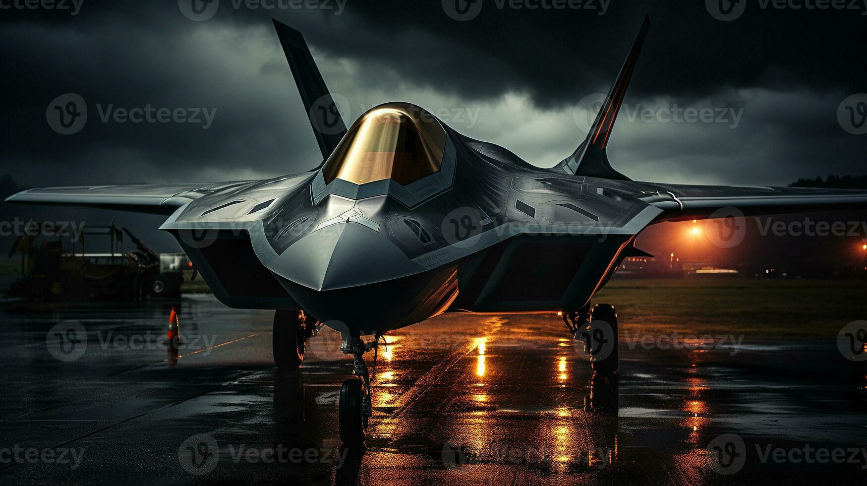 A Lockheed Martin F 35 Fighter Jet waiting on the runway. Generative AI. photo