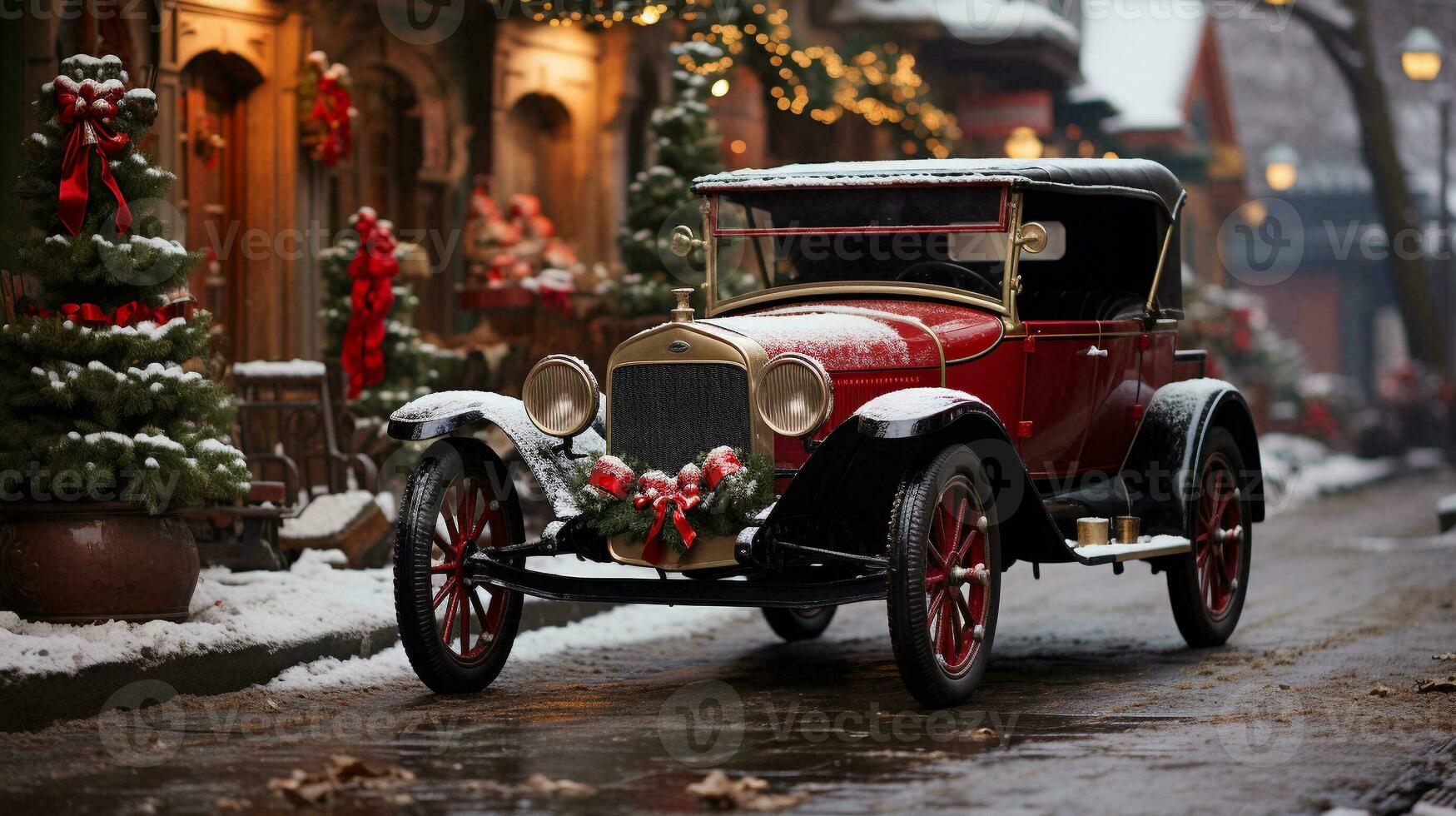 Classic Vintage Car Parked Outside The Festively Christmas Decorated Shops. Generative AI. photo