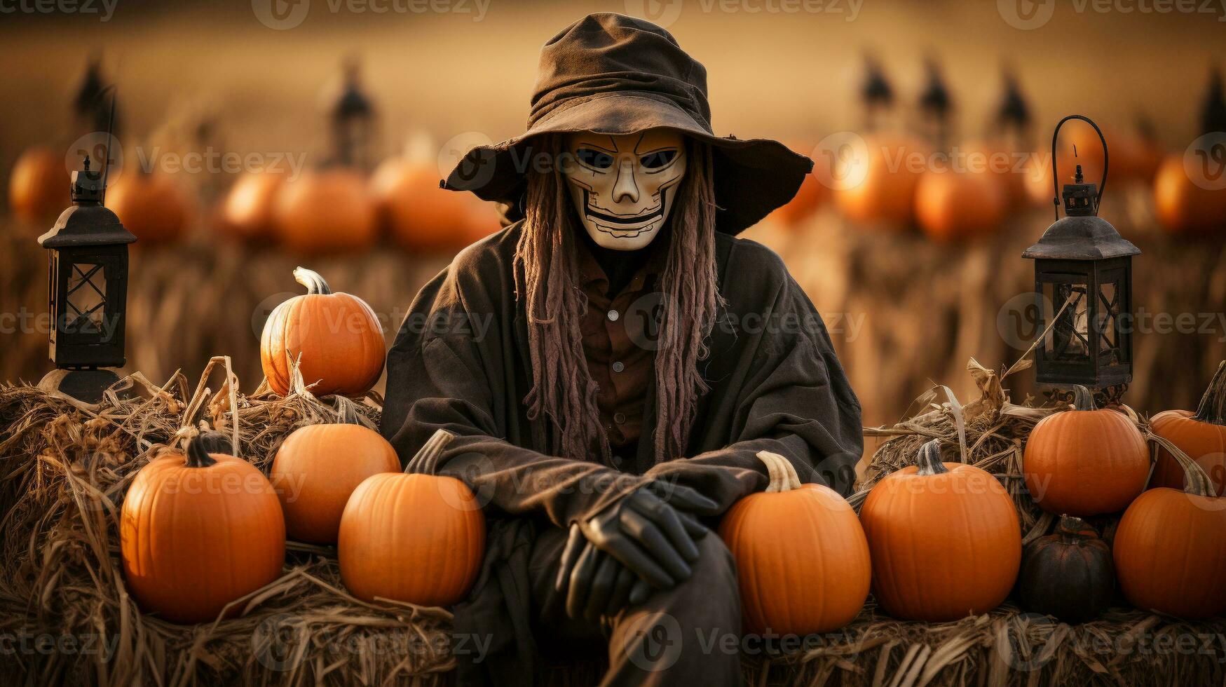 Scary ghostly Halloween scarecrow figure sitting amongst the country pumpkin patch - generative AI. photo