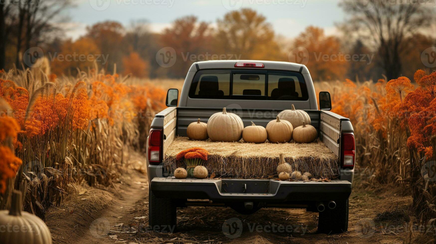 camión cama lleno con otoño temática decoraciones y almohadas - generativo ai. foto