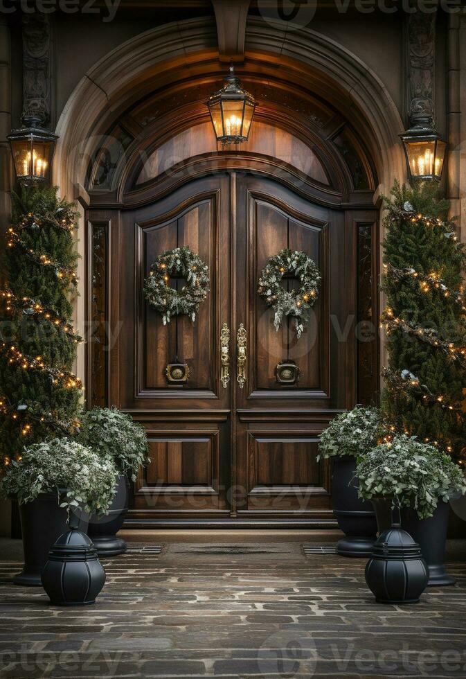 Beautiful Christmas decorated front door and porch of a house on a winter evening. Generative AI. photo