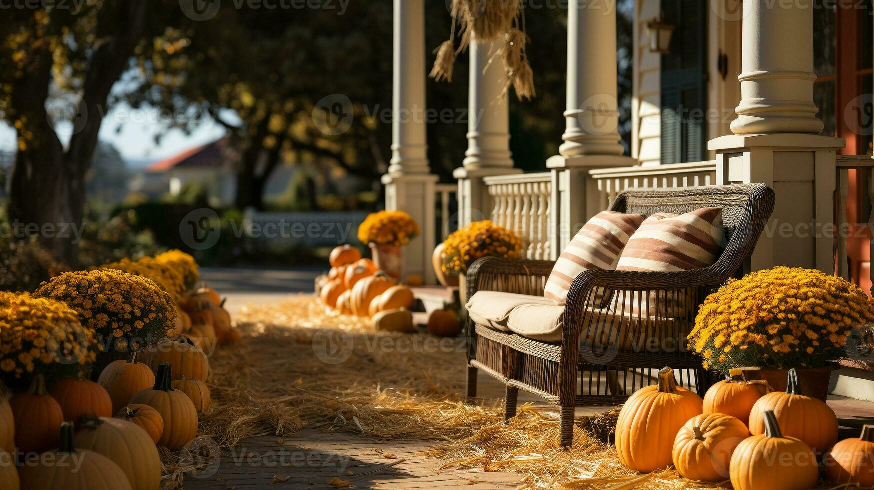 otoño y otoño hermosamente decorado casa porches con calabazas, calabazas y asientos - generativo ai. foto