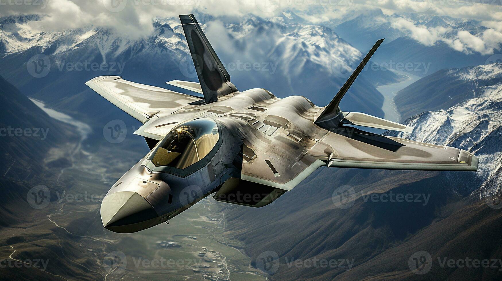 A Lockheed Martin F 35 Fighter Jet flying high in the air. Generative AI. photo