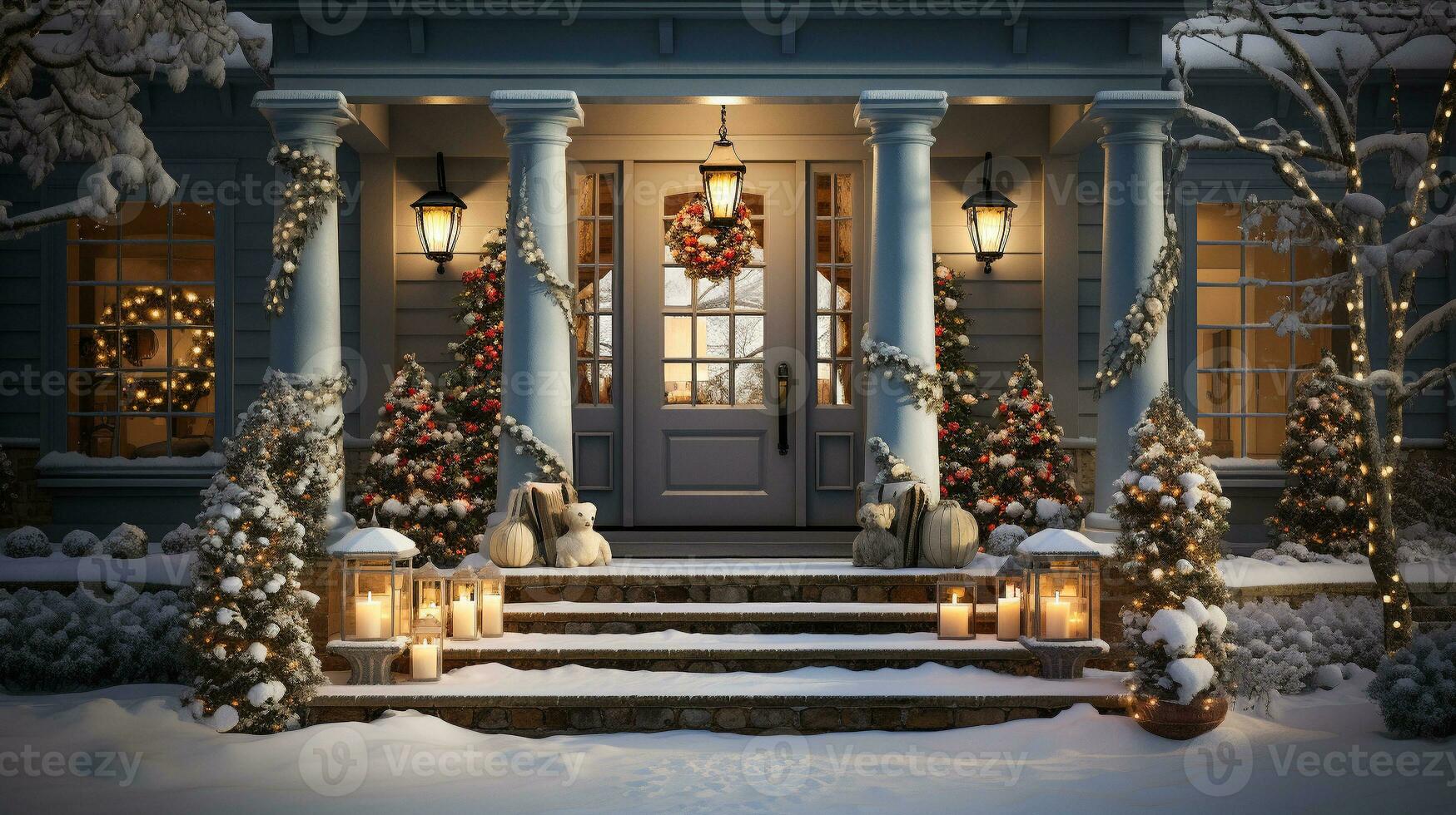 Beautiful Christmas decorated front door and porch of a house on a winter evening. Generative AI. photo