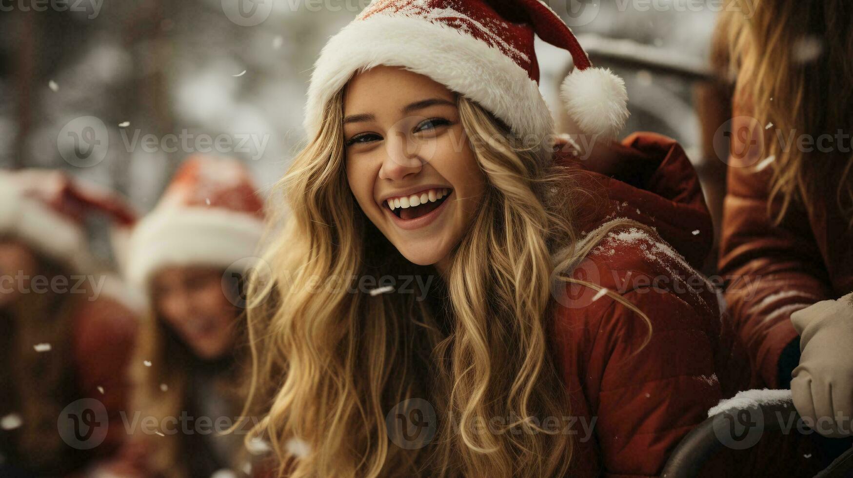 Festive Young Girl Laughing with Friends Outside in the Snow. Generative AI. photo