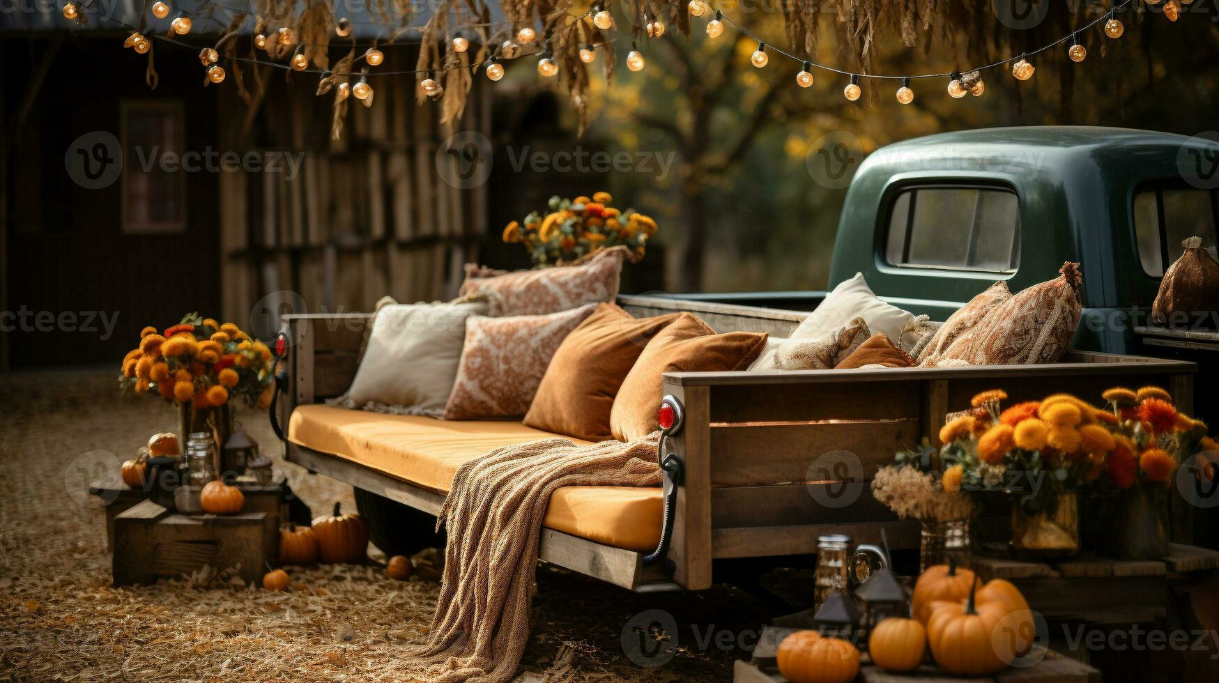 Vintage truck bed filled with fall themed decorations and pillows - generative AI. photo