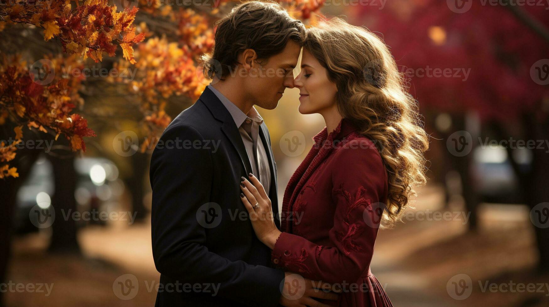 cariñoso Pareja abraza en el parque en un hermosa otoño día - generativo ai. foto