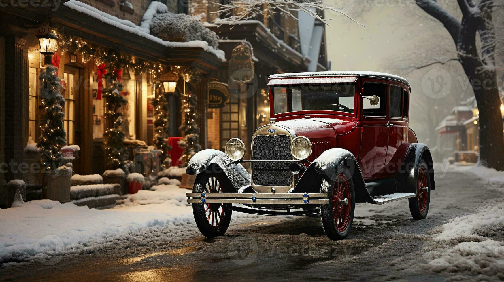 Classic Vintage Car Parked Outside The Festively Christmas Decorated Shops. Generative AI. photo