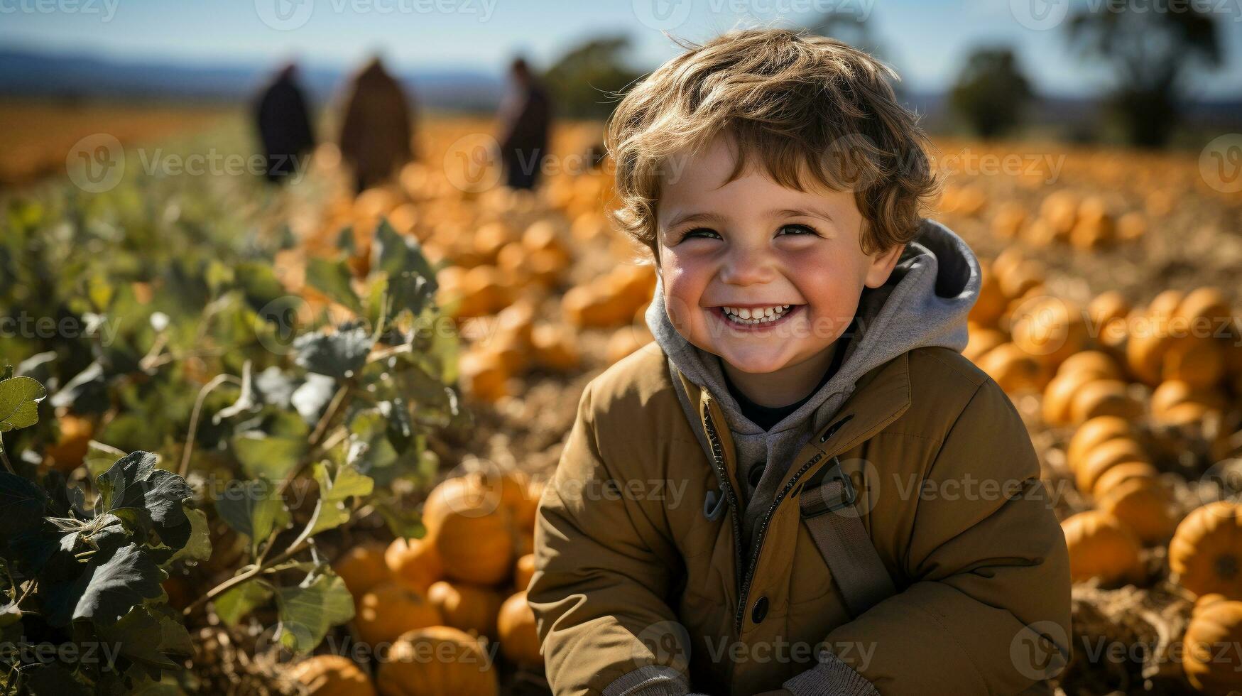 contento joven chico sentado en medio de el calabazas a el calabaza parche granja en un otoño día - generativo ai. foto