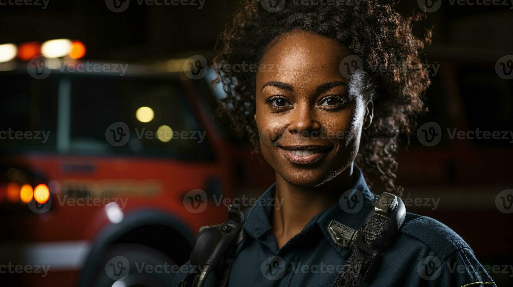 Female African American firefighter at a fire incident - generative AI. photo