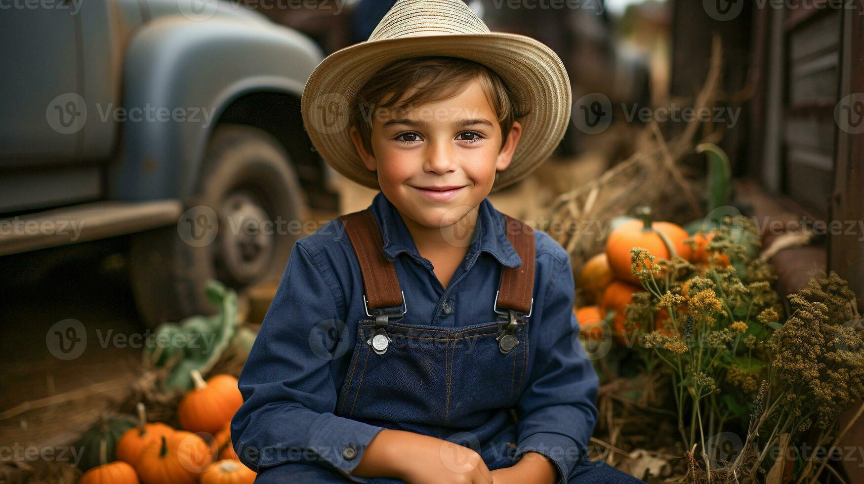 Happy young boy wearing cowboy hat sitting amongst the fall pumpkin harvest - generative AI. photo
