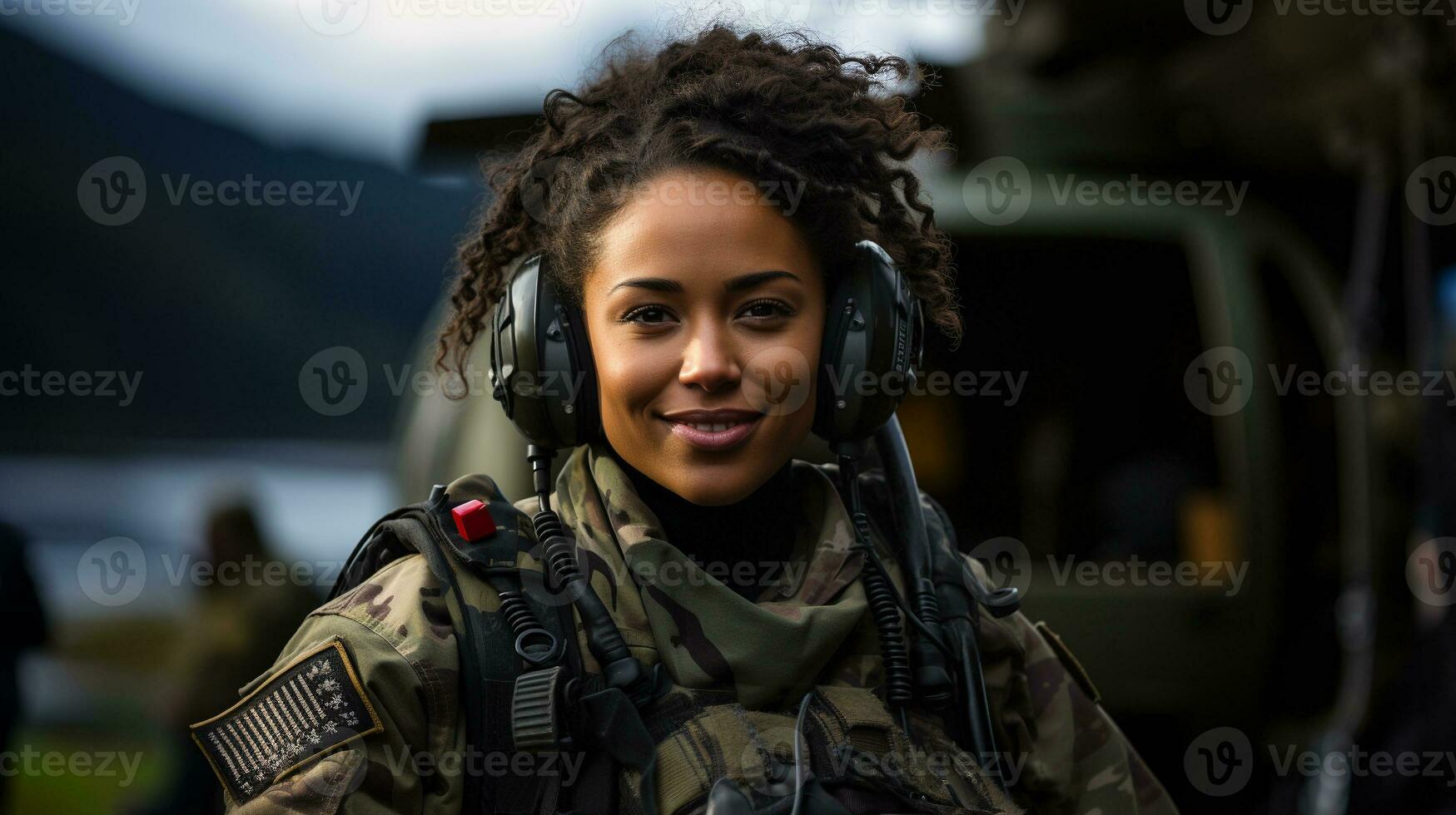 Female African American military helicopter pilot standing near her aircraft - generative AI. photo