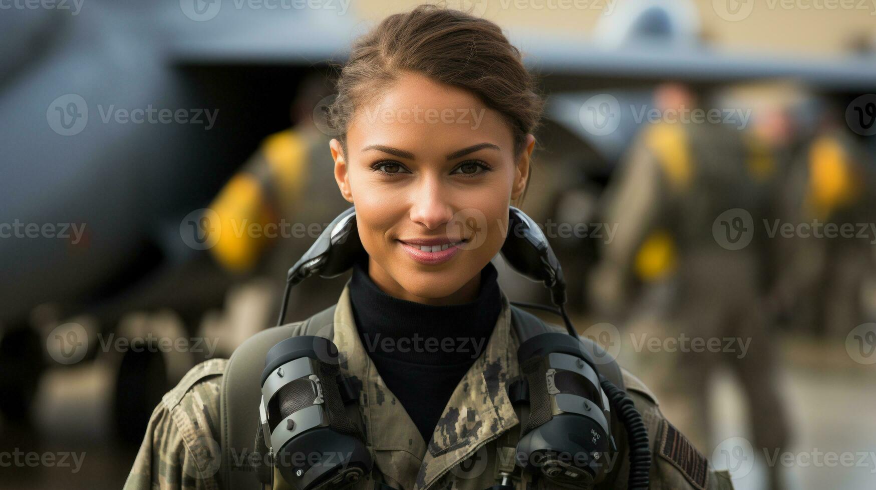 mezclado carrera hembra combatiente piloto soldado en pie fuera de su militar combatiente chorro - generativo ai. foto