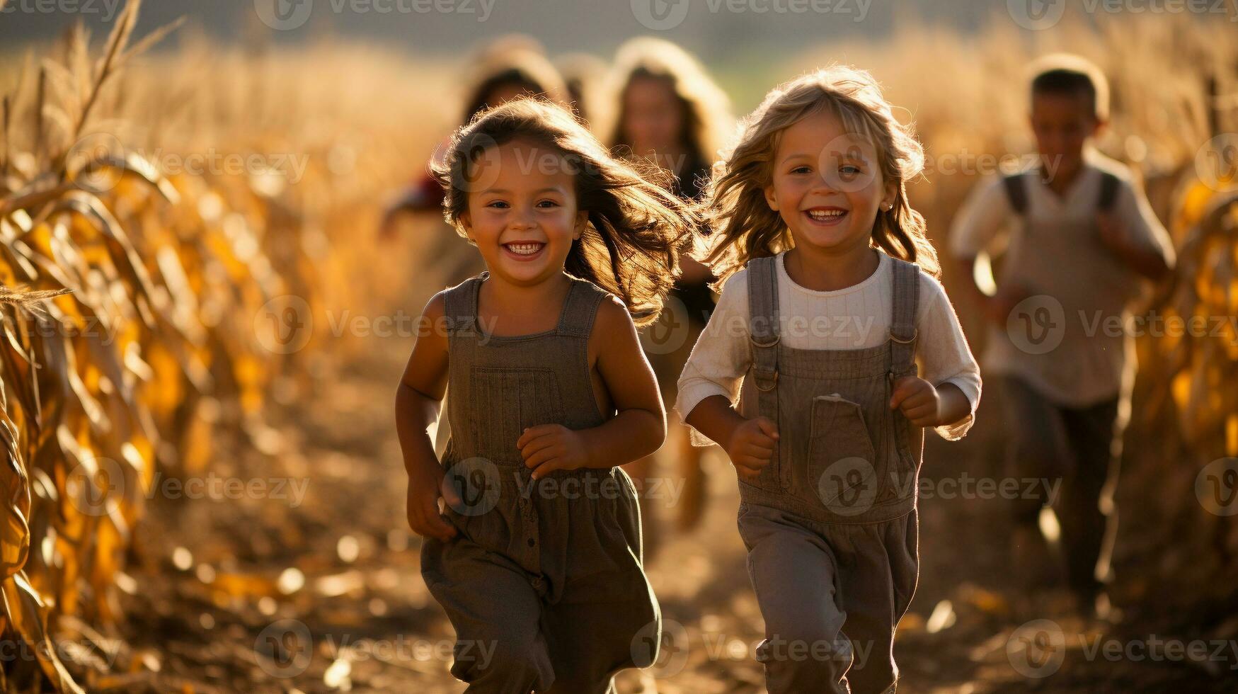 Happy laughing children running amist the corn fields on a fall day - Generative AI. photo