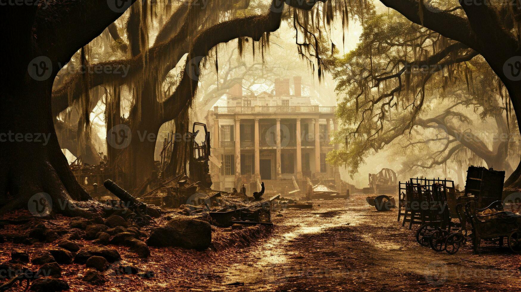 Halloween haunted mansion dimly lit amongst the foggy trees - generative AI. photo