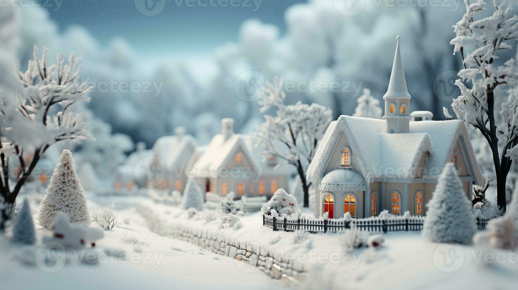 Miniature Holiday Christmas Decorated Town and Snowy Village Scene. Generative AI. photo