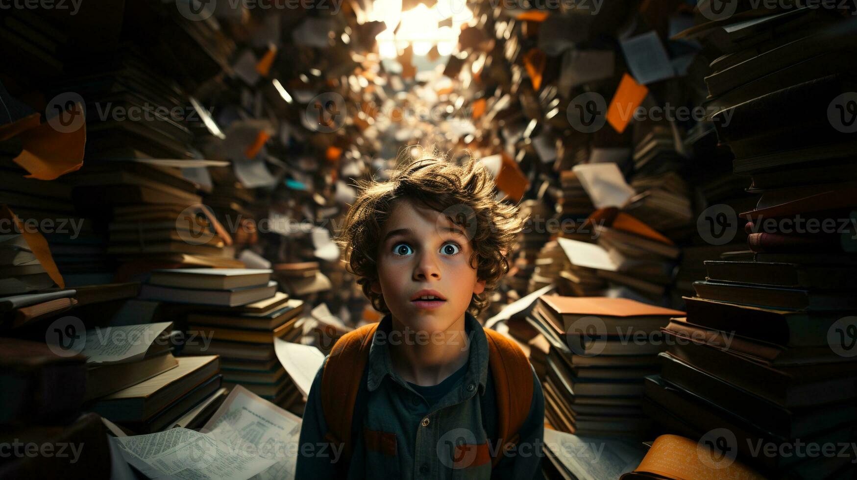 Young boy student sitting stunned and overwhelmed amidst a never ending pile of books and papers surrounding him - Generative AI. photo