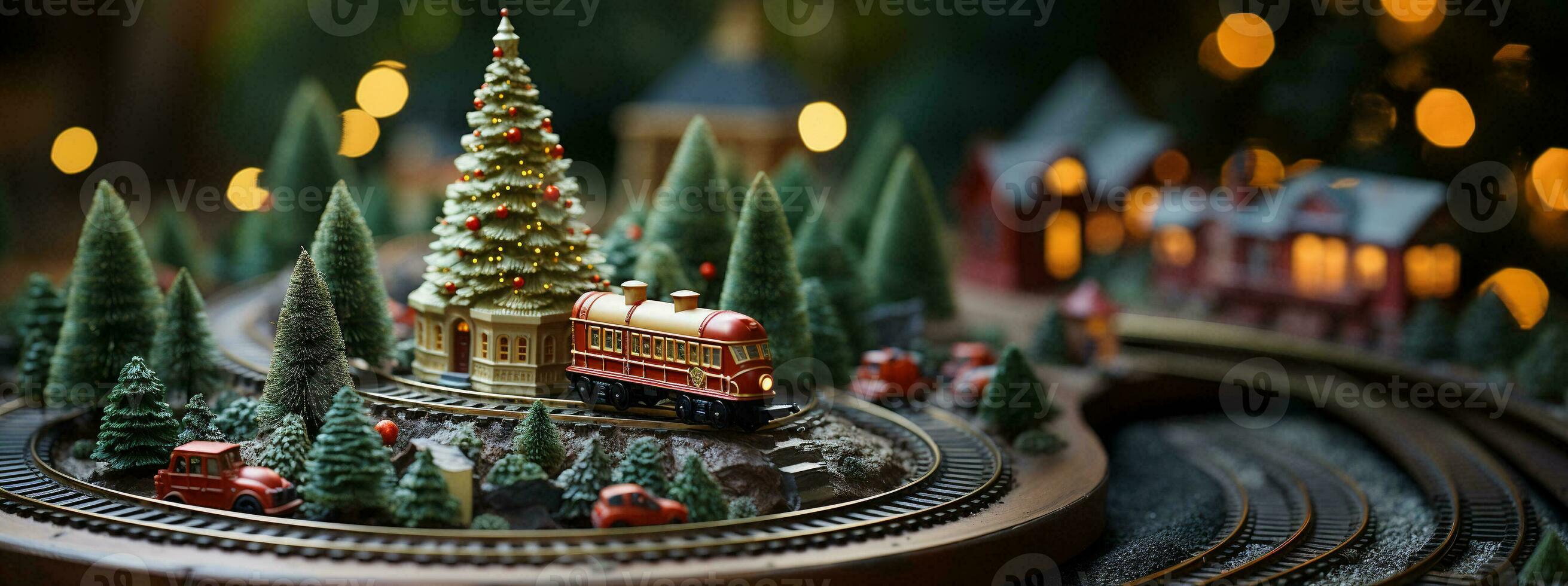 Model Miniature Troller Train Set and Snowy Christmas Decorated Town Setting. Generative AI. photo