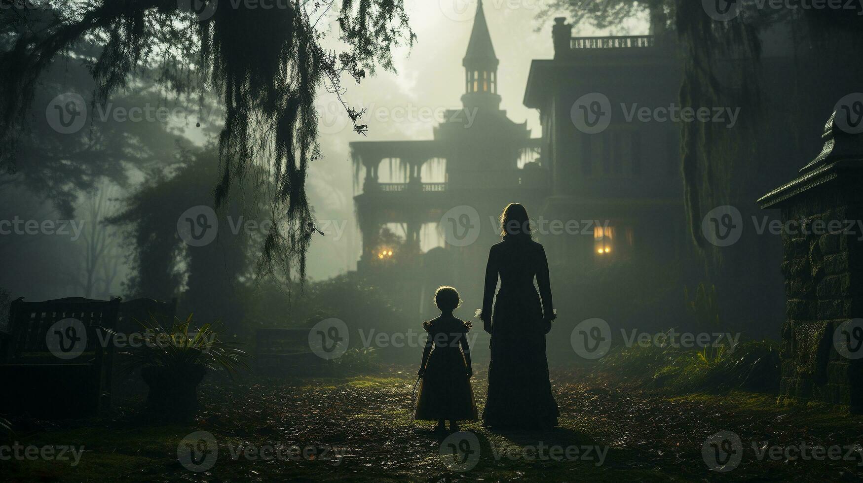 Eerie haunting ghostly silhouetted female and child figures walking in front of a foggy Southern Plantation antebellum mansion on Halloween night - generative AI. photo