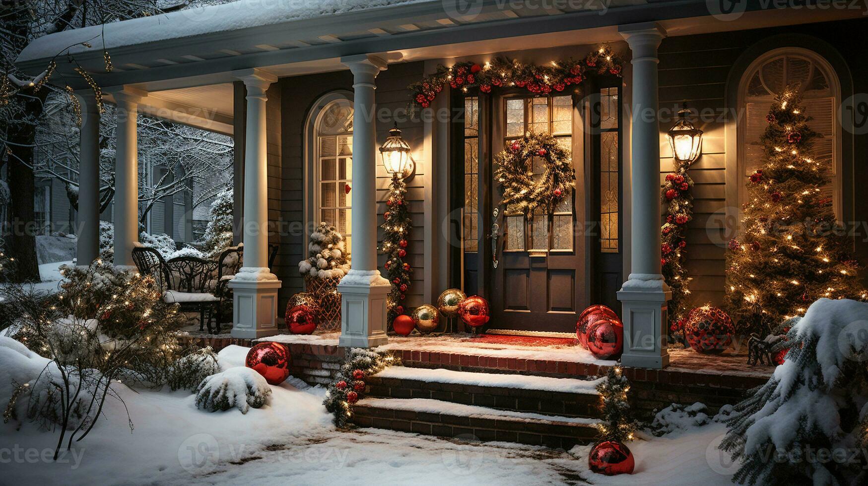 Beautiful Christmas decorated front door and porch of a house on a winter evening. Generative AI. photo