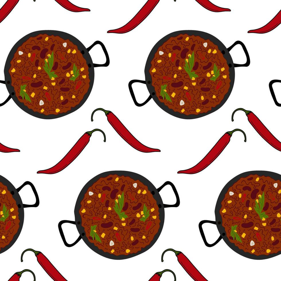 Endless pattern of Chili con carne and red hot chili pepper. Traditional Mexican spicy food. Isolate vector