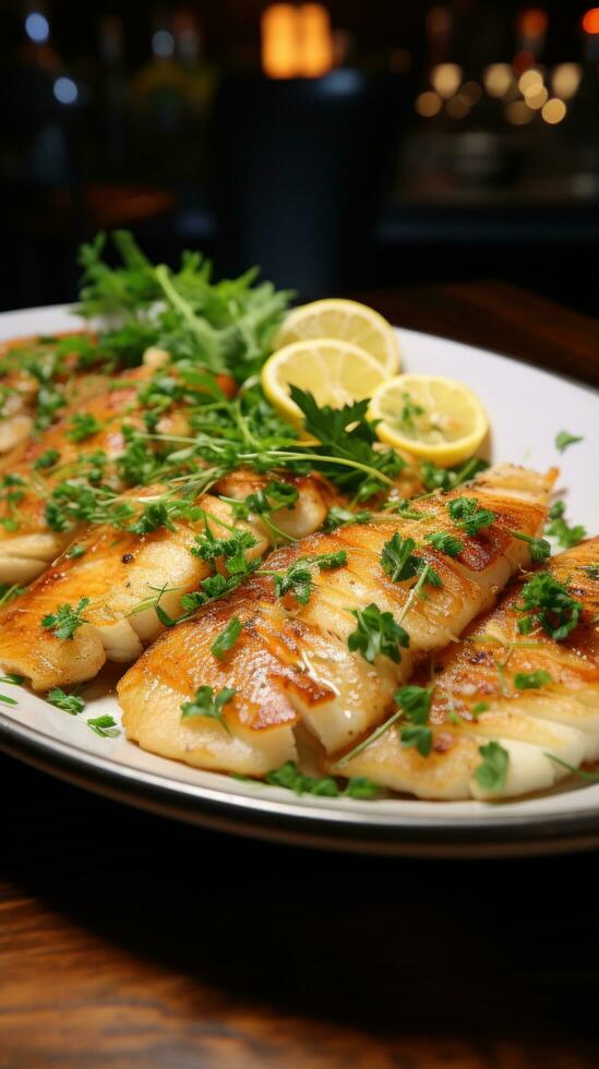 Flounder. Flat, white fish with a mild, sweet flavor photo