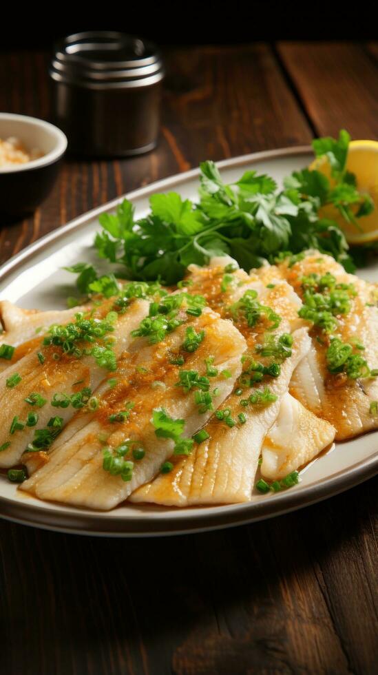 Flounder. Flat, white fish with a mild, sweet flavor photo