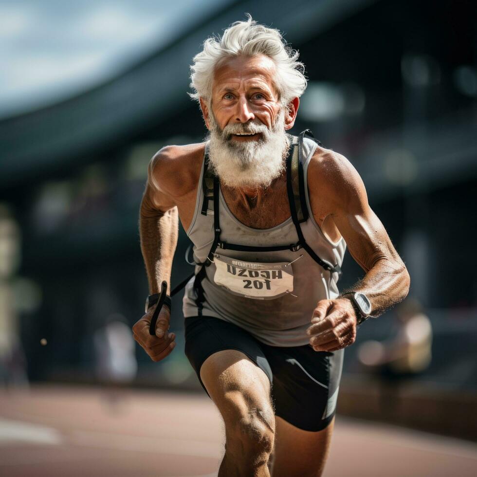 Aged athlete running on a track with determination photo