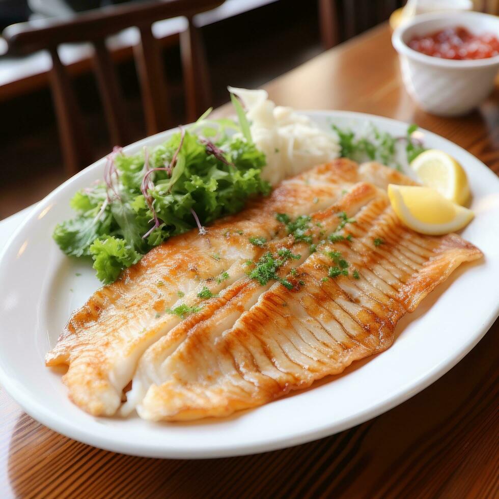 Flounder. Flat, white fish with a mild, sweet flavor photo