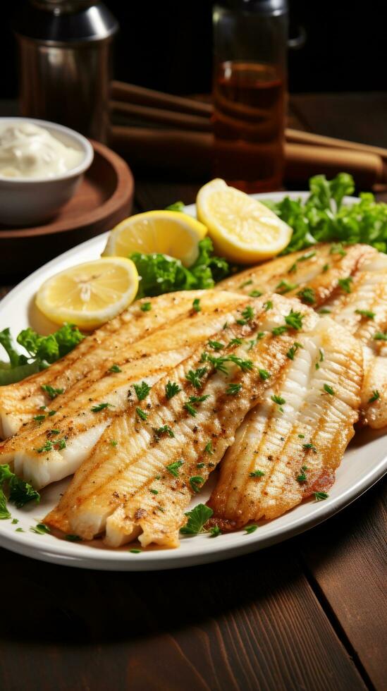 Flounder. Flat, white fish with a mild, sweet flavor photo