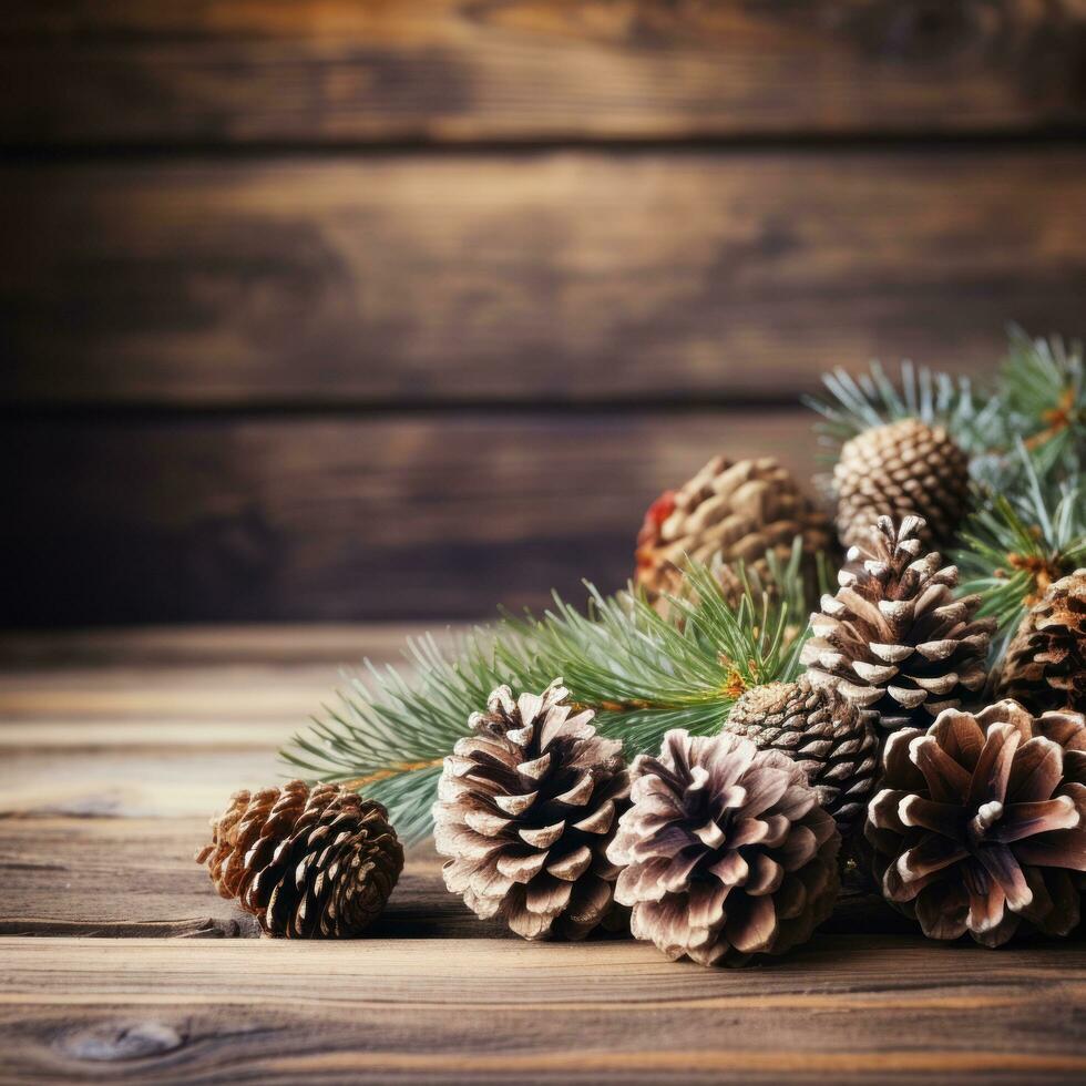 Rustic Wood and Pine Cones - Cozy, natural, and festive with copy space photo