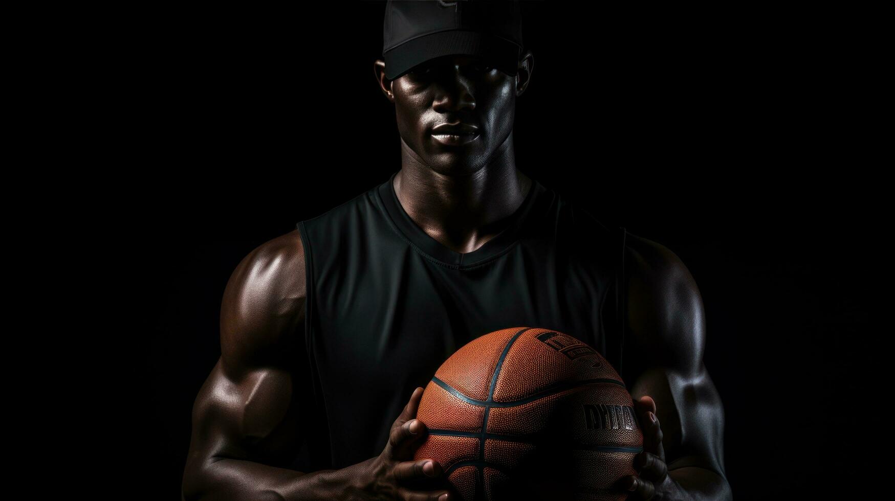 Basketball player holding ball on dark background, in the style of dark brown and black photo